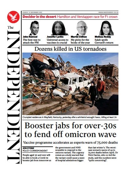 The Independent Newspaper Front Page (UK) for 13 December 2021