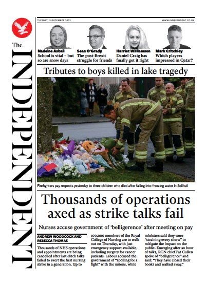 The Independent Newspaper Front Page (UK) for 13 December 2022