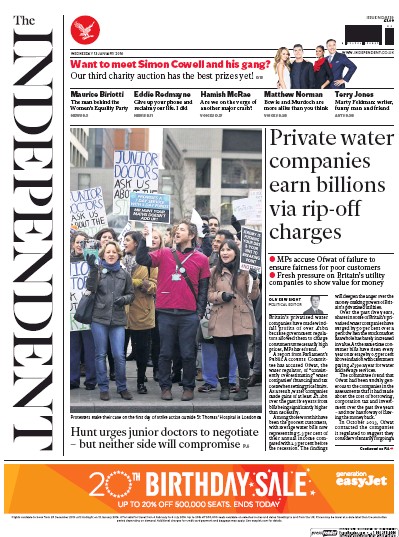 The Independent Newspaper Front Page (UK) for 13 January 2016