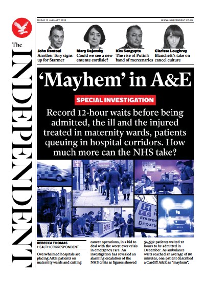 The Independent Newspaper Front Page (UK) for 13 January 2023