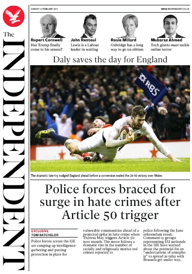 The Independent Newspaper Front Page (UK) for 13 February 2017