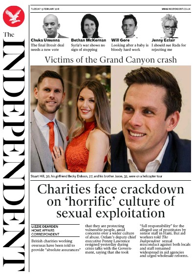 The Independent Newspaper Front Page (UK) for 13 February 2018