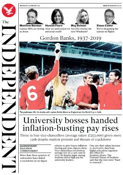 The Independent Newspaper Front Page (UK) for 13 February 2019