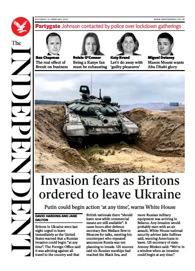 The Independent Newspaper Front Page (UK) for 13 February 2022