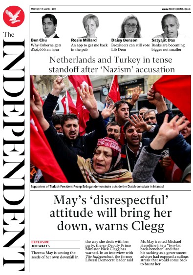 The Independent Newspaper Front Page (UK) for 13 March 2017