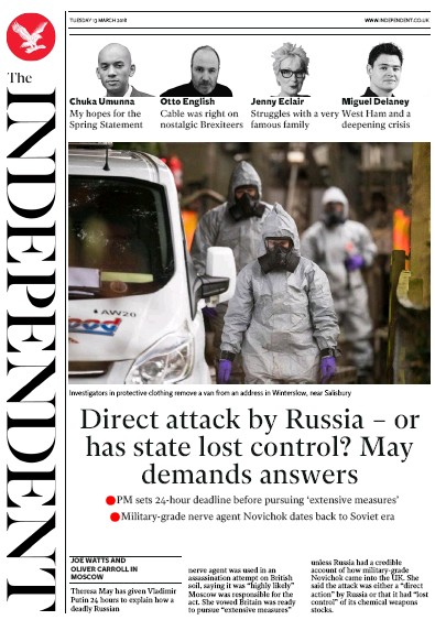 The Independent Newspaper Front Page (UK) for 13 March 2018