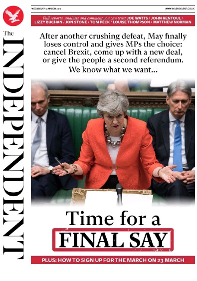 The Independent Newspaper Front Page (UK) for 13 March 2019