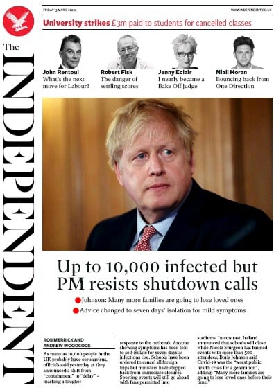 The Independent Newspaper Front Page (UK) for 13 March 2020