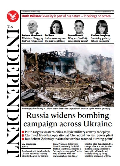 The Independent Newspaper Front Page (UK) for 13 March 2022