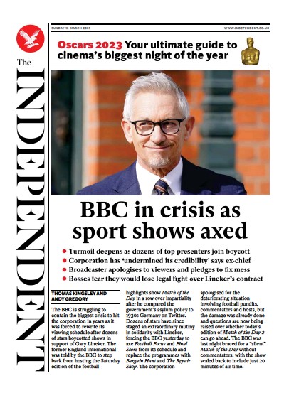 The Independent Newspaper Front Page (UK) for 13 March 2023