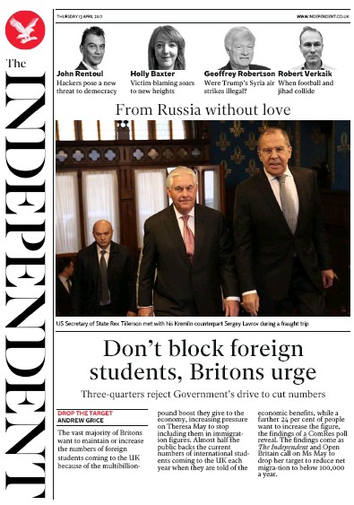 The Independent Newspaper Front Page (UK) for 13 April 2017