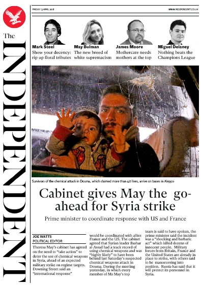 The Independent Newspaper Front Page (UK) for 13 April 2018