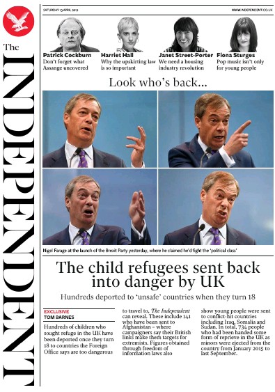 The Independent Newspaper Front Page (UK) for 13 April 2019
