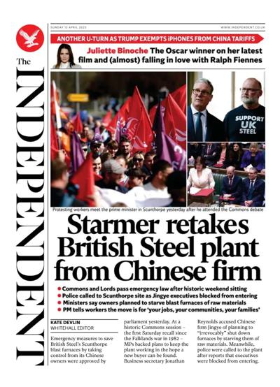 The Independent Newspaper Front Page (UK) for 13 April 2025