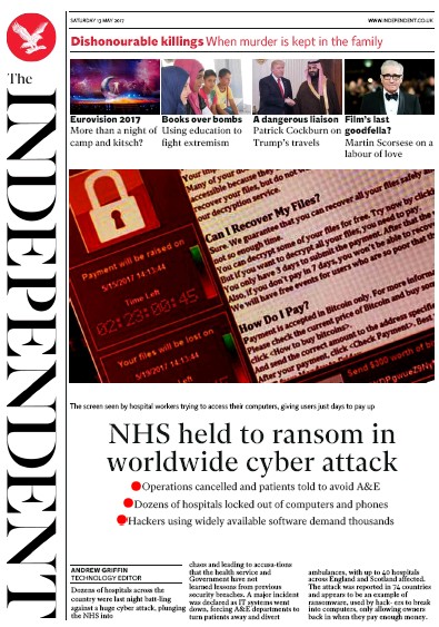 The Independent Newspaper Front Page (UK) for 13 May 2017