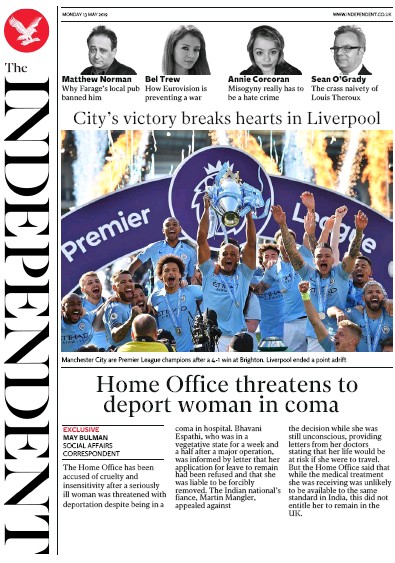 The Independent Newspaper Front Page (UK) for 13 May 2019
