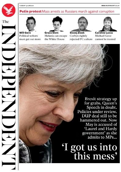 The Independent Newspaper Front Page (UK) for 13 June 2017