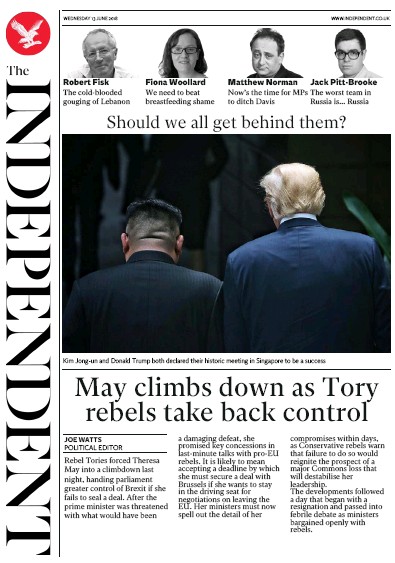 The Independent Newspaper Front Page (UK) for 13 June 2018
