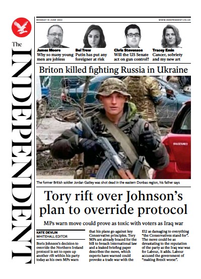 The Independent Newspaper Front Page (UK) for 13 June 2022