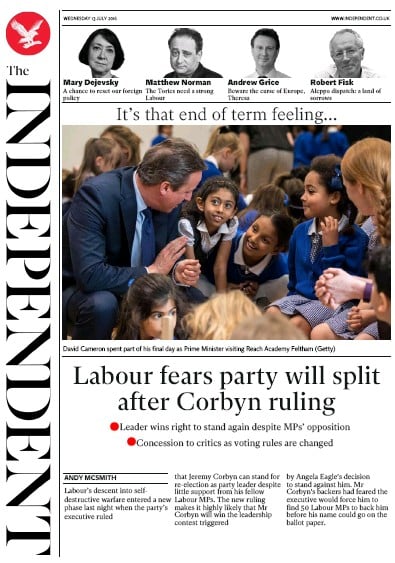 The Independent Newspaper Front Page (UK) for 13 July 2016