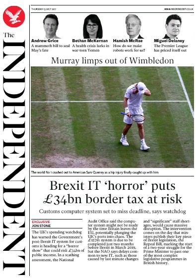 The Independent Newspaper Front Page (UK) for 13 July 2017