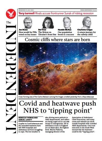 The Independent Newspaper Front Page (UK) for 13 July 2022