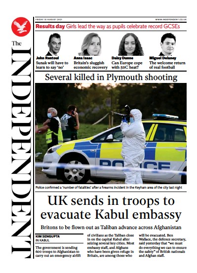 The Independent Newspaper Front Page (UK) for 13 August 2021