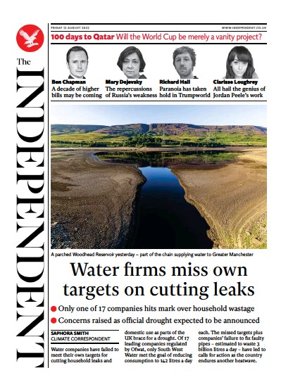 The Independent Newspaper Front Page (UK) for 13 August 2022