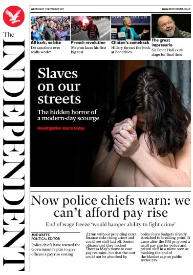 The Independent Newspaper Front Page (UK) for 13 September 2017