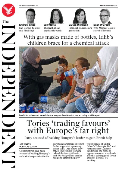The Independent Newspaper Front Page (UK) for 13 September 2018