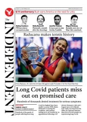 The Independent (UK) Newspaper Front Page for 13 September 2021