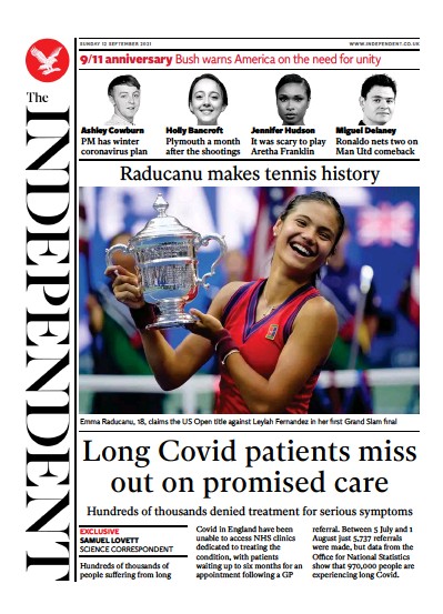 The Independent Newspaper Front Page (UK) for 13 September 2021