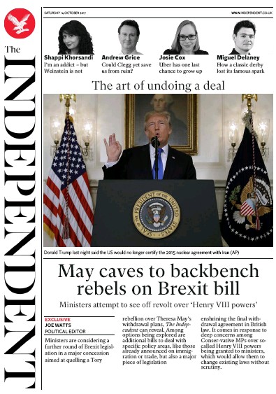 The Independent Newspaper Front Page (UK) for 14 October 2017