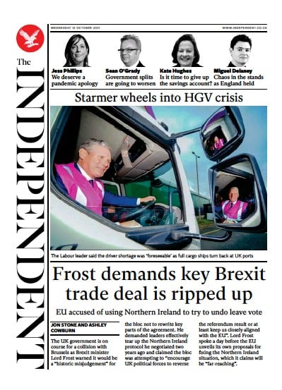 The Independent Newspaper Front Page (UK) for 14 October 2021