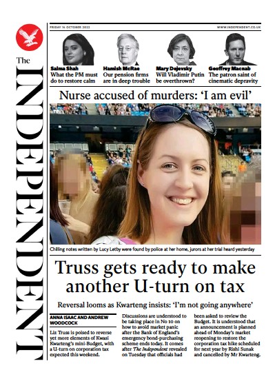 The Independent Newspaper Front Page (UK) for 14 October 2022