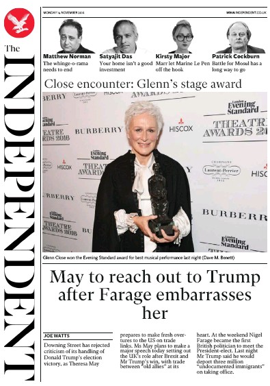 The Independent Newspaper Front Page (UK) for 14 November 2016