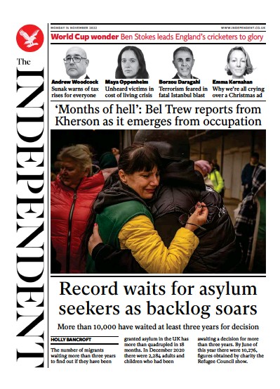 The Independent Newspaper Front Page (UK) for 14 November 2022