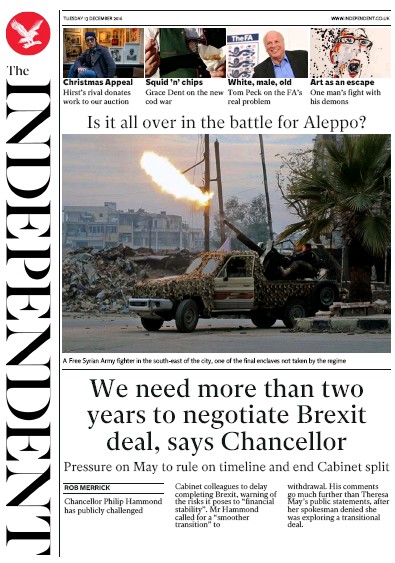 The Independent Newspaper Front Page (UK) for 14 December 2016