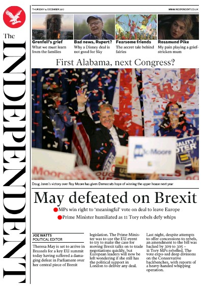 The Independent Newspaper Front Page (UK) for 14 December 2017