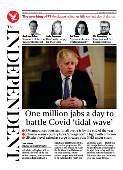 The Independent Newspaper Front Page (UK) for 14 December 2021