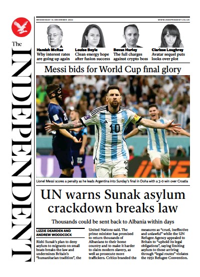 The Independent Newspaper Front Page (UK) for 14 December 2022