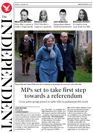 The Independent Newspaper Front Page (UK) for 14 January 2019