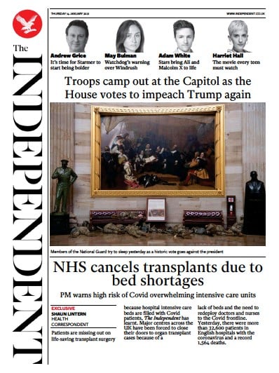 The Independent Newspaper Front Page (UK) for 14 January 2021
