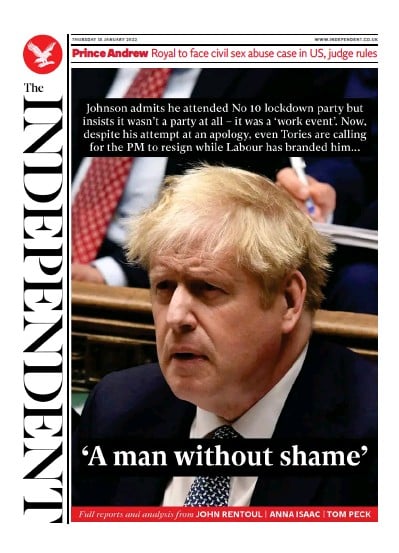 The Independent Newspaper Front Page (UK) for 14 January 2022