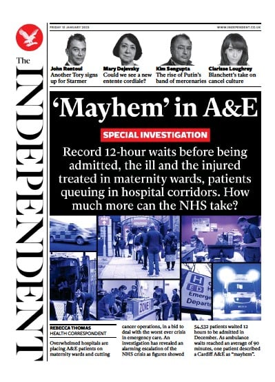 The Independent Newspaper Front Page (UK) for 14 January 2023