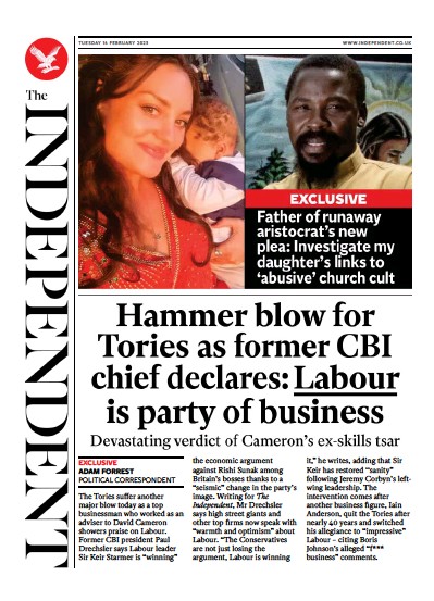 The Independent Newspaper Front Page (UK) for 14 February 2023