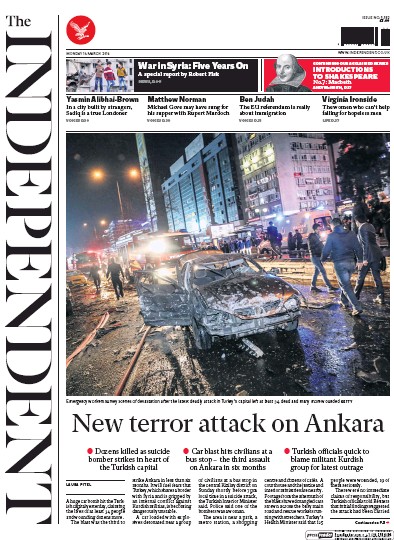 The Independent Newspaper Front Page (UK) for 14 March 2016