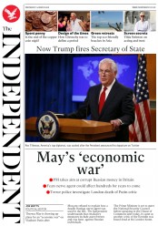 The Independent (UK) Newspaper Front Page for 14 March 2018