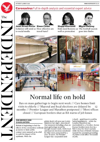The Independent Newspaper Front Page (UK) for 14 March 2020