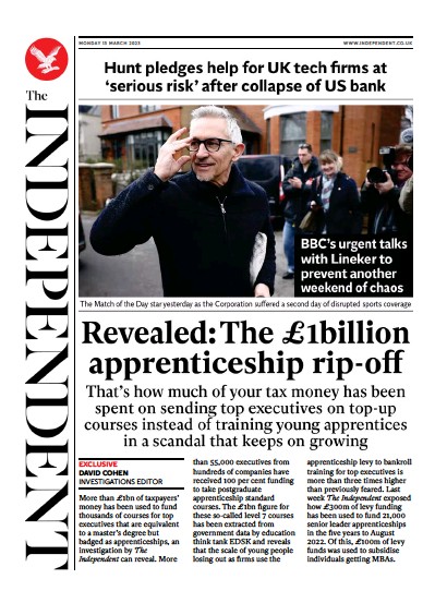 The Independent Newspaper Front Page (UK) for 14 March 2023